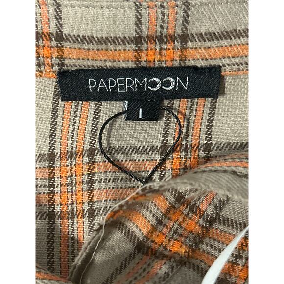 Papermoon Flannel Shirt Top Size Large Tan & Orange Mixed Plaids Raw Edges NWT - Picture 6 of 9